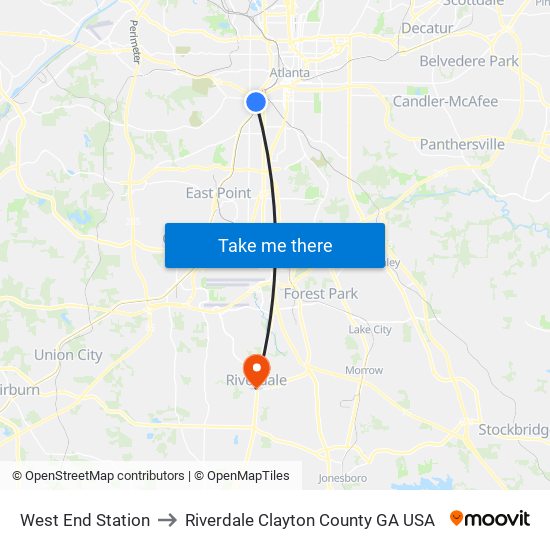 West End Station to Riverdale Clayton County GA USA map