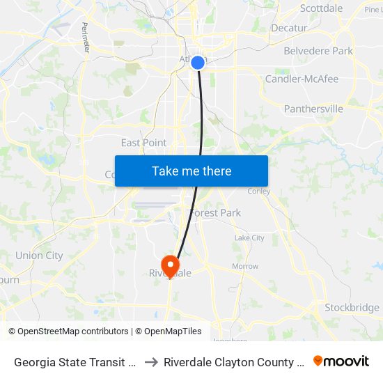 Georgia State Transit Station to Riverdale Clayton County GA USA map