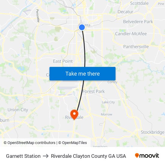 Garnett Station to Riverdale Clayton County GA USA map