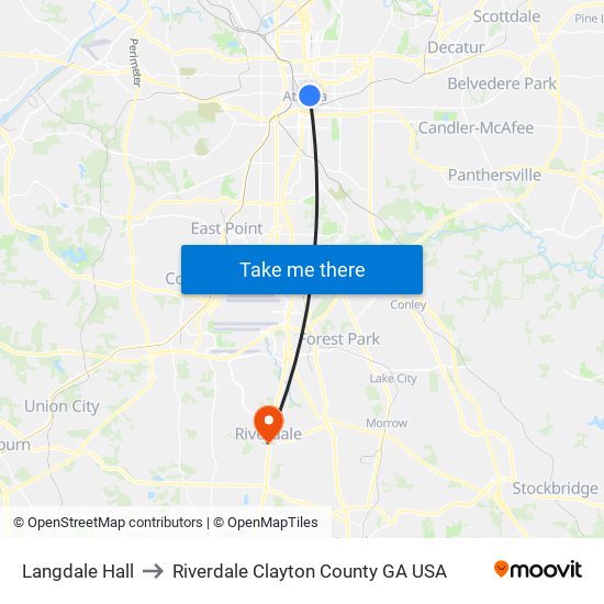 Langdale Hall to Riverdale Clayton County GA USA map