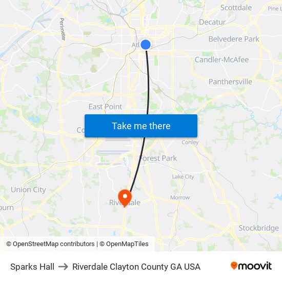 Sparks Hall to Riverdale Clayton County GA USA map