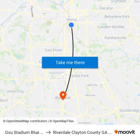 Gsu Stadium Blue Lot to Riverdale Clayton County GA USA map
