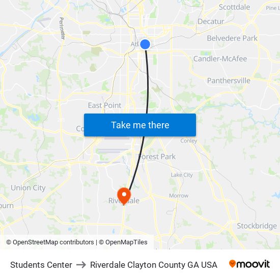Students Center to Riverdale Clayton County GA USA map