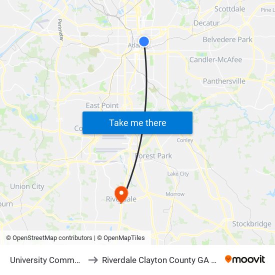 University Commons to Riverdale Clayton County GA USA map