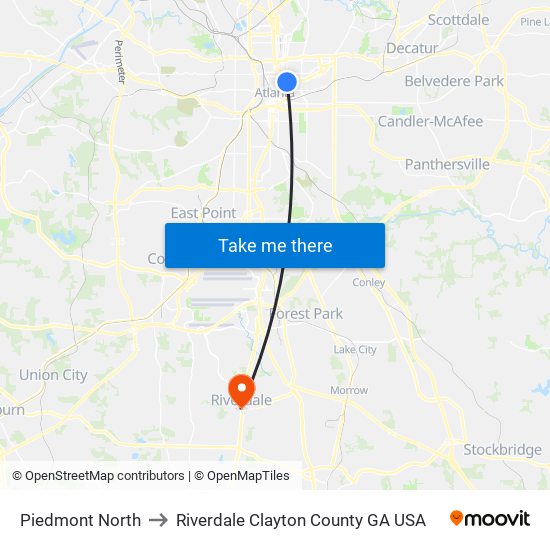 Piedmont North to Riverdale Clayton County GA USA map