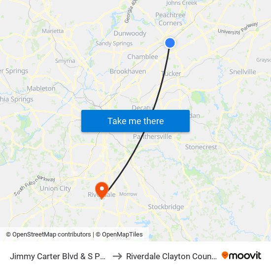 Jimmy Carter Blvd & S Peachtree St to Riverdale Clayton County GA USA map