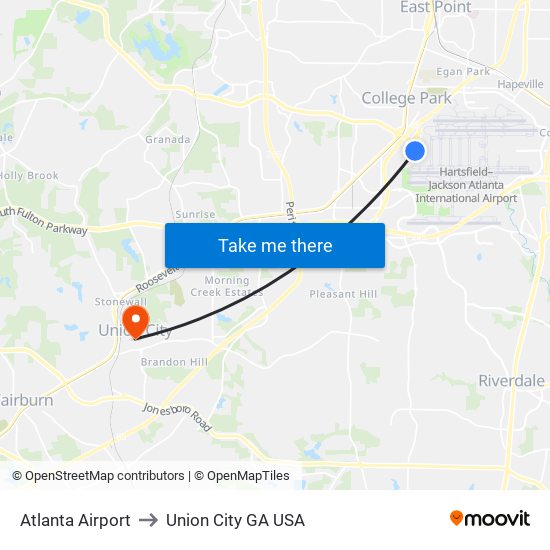 Atlanta Airport to Union City GA USA map