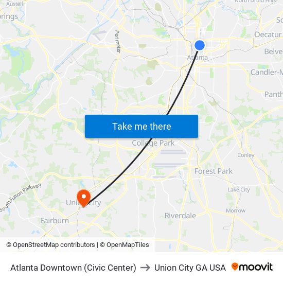 Atlanta Downtown (Civic Center) to Union City GA USA map