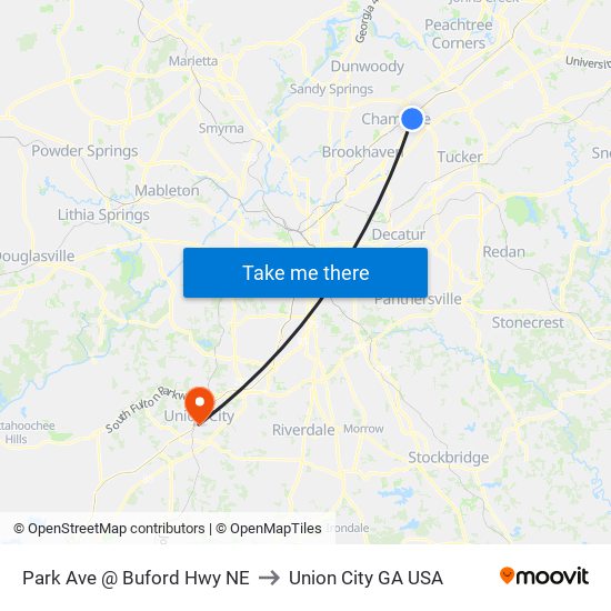 Park Ave @ Buford Hwy NE to Union City GA USA map