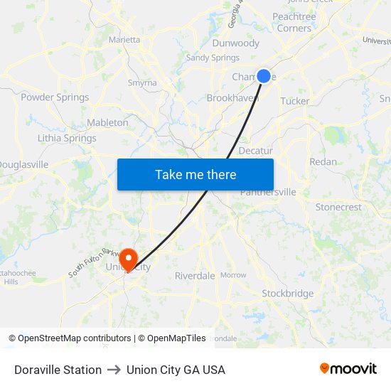 Doraville Station to Union City GA USA map