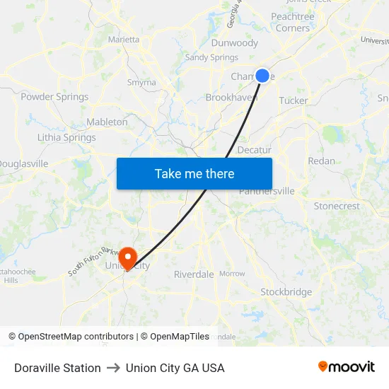 Doraville Station to Union City GA USA map