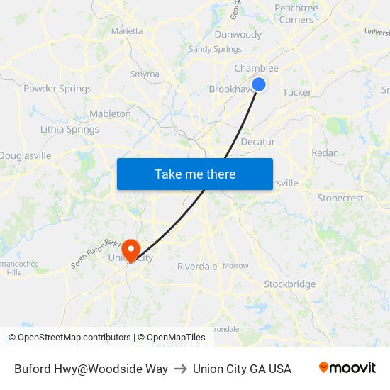 Buford Hwy@Woodside Way to Union City GA USA map