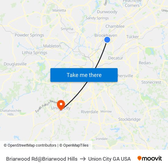 Briarwood Rd@Briarwood Hills to Union City GA USA map