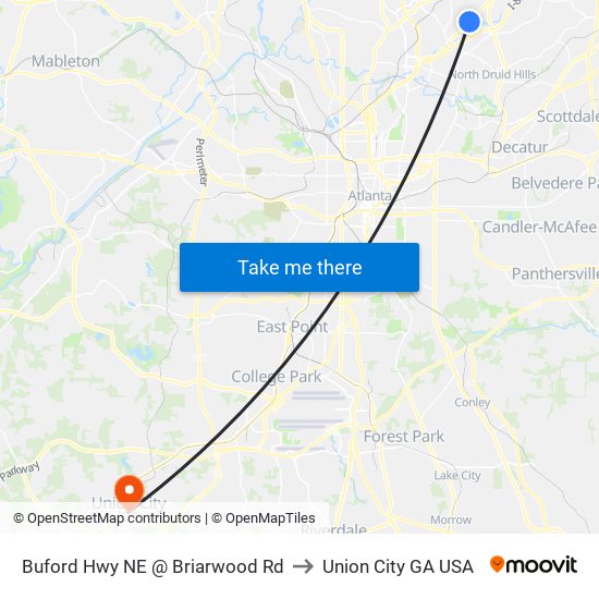Buford Hwy NE @ Briarwood Rd to Union City GA USA map