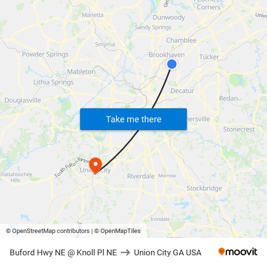 Buford Hwy NE @ Knoll Pl NE to Union City GA USA map