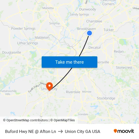 Buford Hwy NE @ Afton Ln to Union City GA USA map