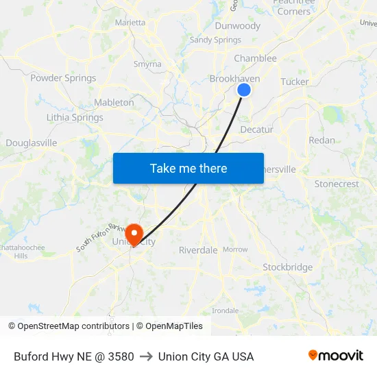 Buford Hwy NE @ 3580 to Union City GA USA map