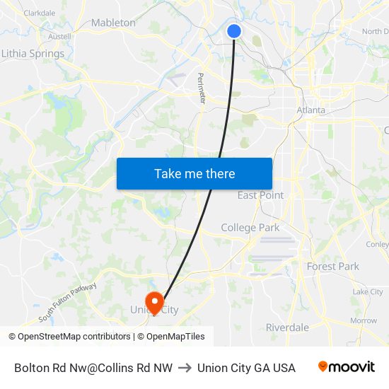 Bolton Rd Nw@Collins Rd NW to Union City GA USA map