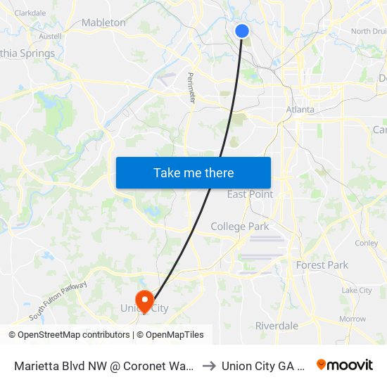 Marietta Blvd NW @ Coronet Way NW to Union City GA USA map