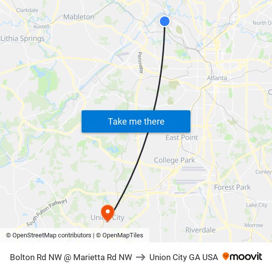 Bolton Rd NW @ Marietta Rd NW to Union City GA USA map