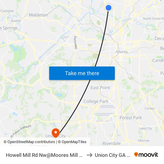 Howell Mill Rd Nw@Moores Mill Rd NW to Union City GA USA map