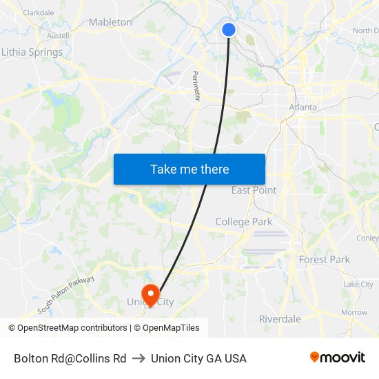 Bolton Rd@Collins Rd to Union City GA USA map