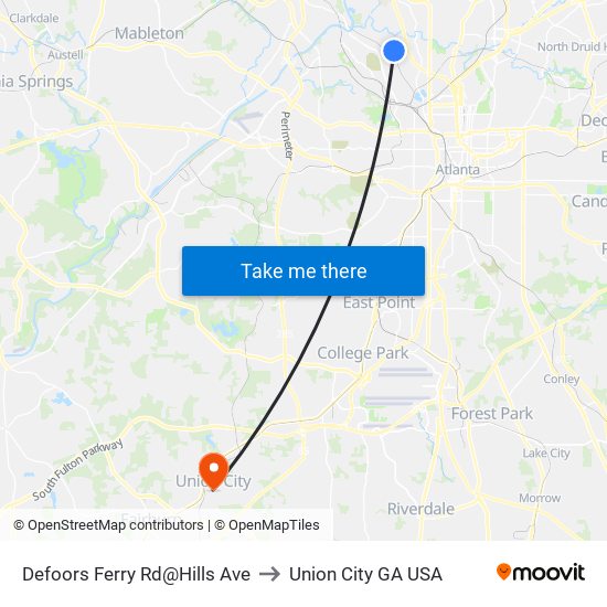 Defoors Ferry Rd@Hills Ave to Union City GA USA map
