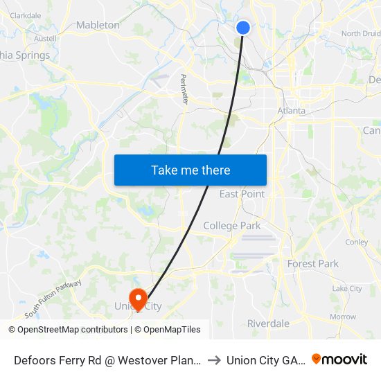 Defoors Ferry Rd @ Westover Plantation Rd to Union City GA USA map