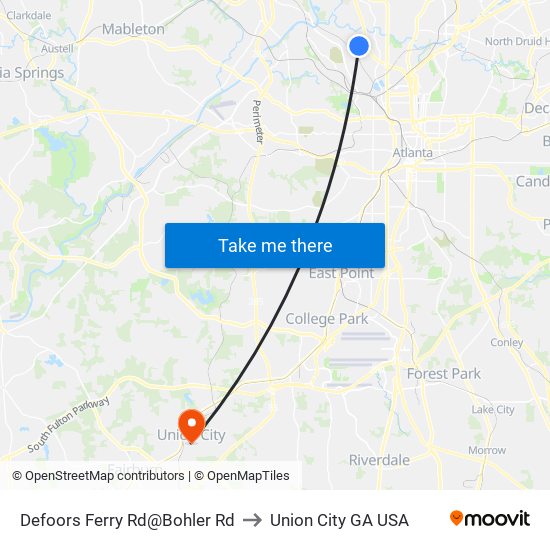 Defoors Ferry Rd@Bohler Rd to Union City GA USA map