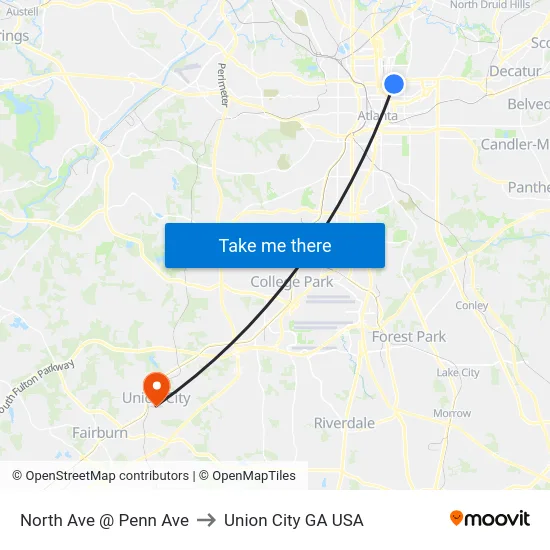 North Ave @ Penn Ave to Union City GA USA map