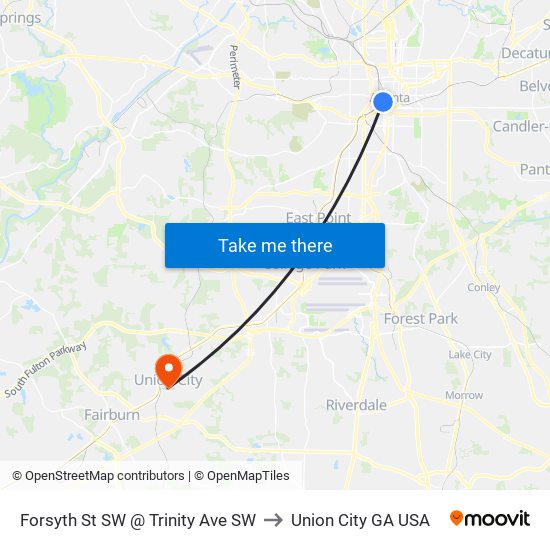 Forsyth St SW @ Trinity Ave SW to Union City GA USA map