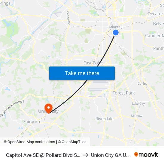 Capitol Ave SE @ Pollard Blvd SW to Union City GA USA map