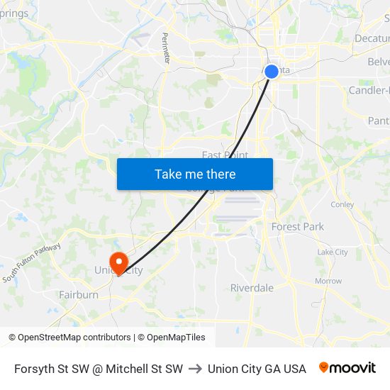 Forsyth St SW @ Mitchell St SW to Union City GA USA map