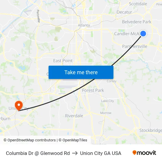 Columbia Dr @ Glenwood Rd to Union City GA USA map