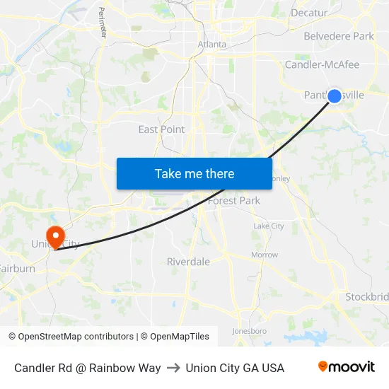 Candler Rd @ Rainbow Way to Union City GA USA map