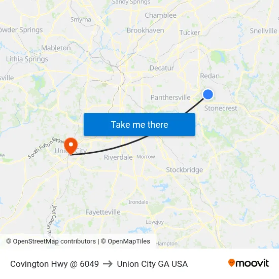 Covington Hwy @ 6049 to Union City GA USA map
