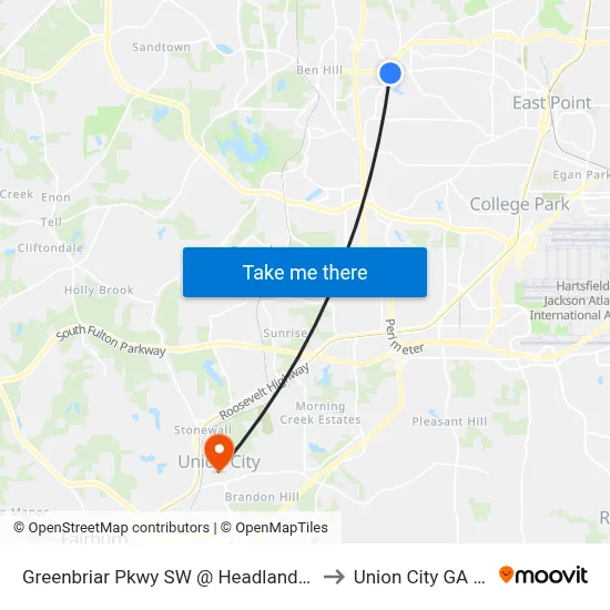 Greenbriar Pkwy SW @ Headland Dr SW to Union City GA USA map