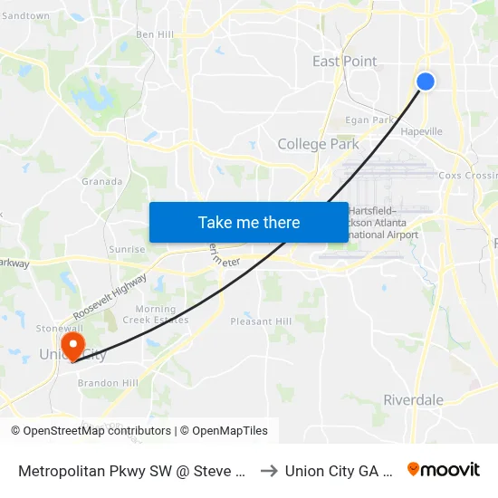 Metropolitan Pkwy SW @ Steve Dr SW to Union City GA USA map