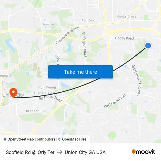 Scofield Rd @ Orly Ter to Union City GA USA map