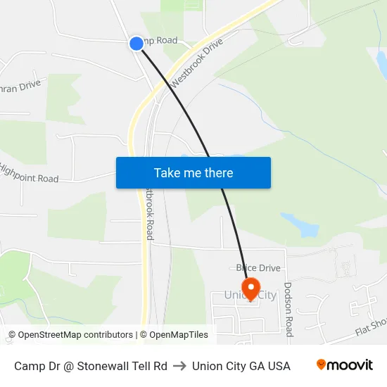 Camp Dr @ Stonewall Tell Rd to Union City GA USA map