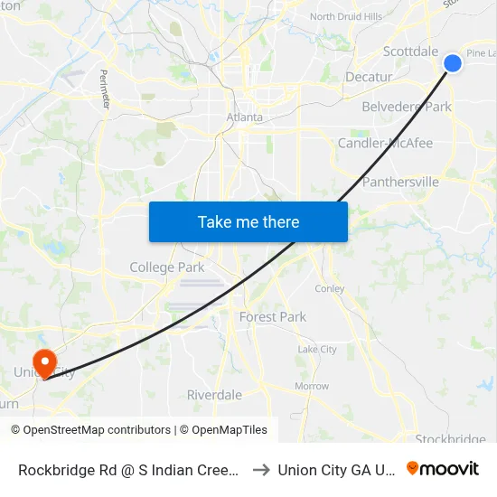 Rockbridge Rd @ S Indian Creek Dr to Union City GA USA map