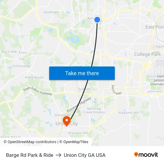 Barge Rd Park & Ride to Union City GA USA map
