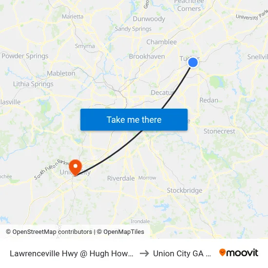 Lawrenceville Hwy @ Hugh Howell Rd to Union City GA USA map