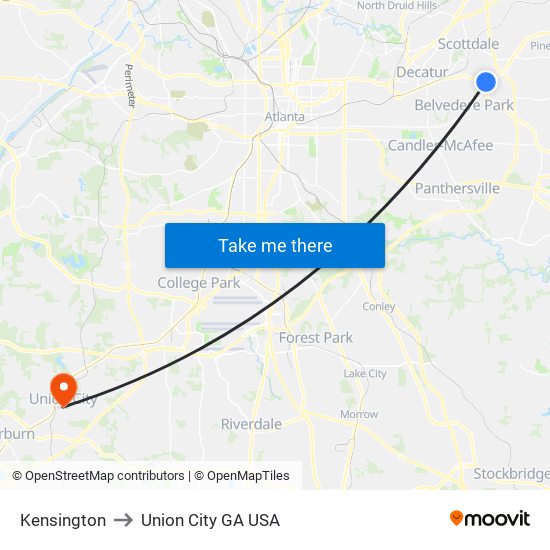 Kensington to Union City GA USA map