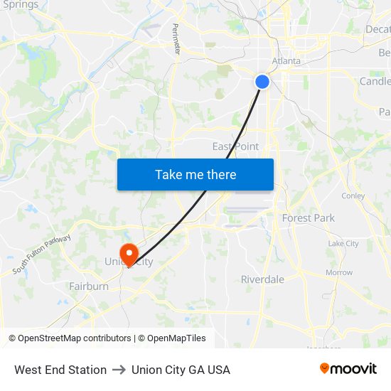 West End Station to Union City GA USA map