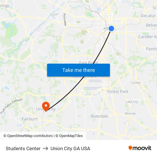 Students Center to Union City GA USA map