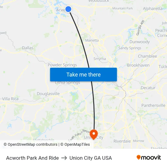 Acworth Park And Ride to Union City GA USA map