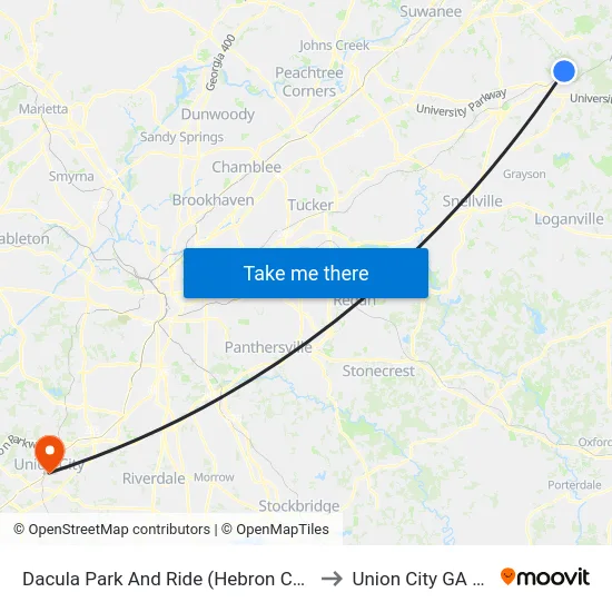Dacula Park And Ride (Hebron Church) to Union City GA USA map
