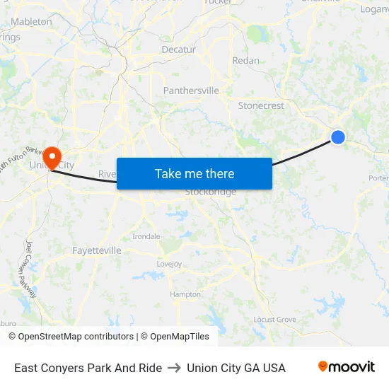 East Conyers Park And Ride to Union City GA USA map