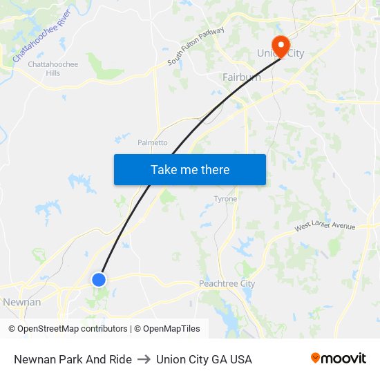 Newnan Park And Ride to Union City GA USA map